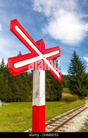 Segno di attraversamento ferroviario di una ferrovia forestale a binario singolo. Foto Stock