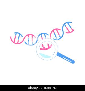 Simbolo del DNA ingrandito sotto una lente di ingrandimento. Scienza, chimica ed esplorazione Foto Stock
