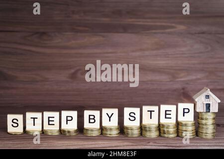 Testo PASSO DOPO PASSO fatto da blocchi di lettere di legno e una casa in miniatura posti su pile di monete ascendenti. Concetto di processo di acquisto domestico. Foto Stock