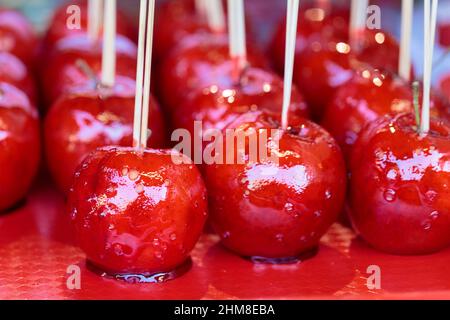 Le mele dolci rosse su un bastoni al mercato di Natale Foto Stock