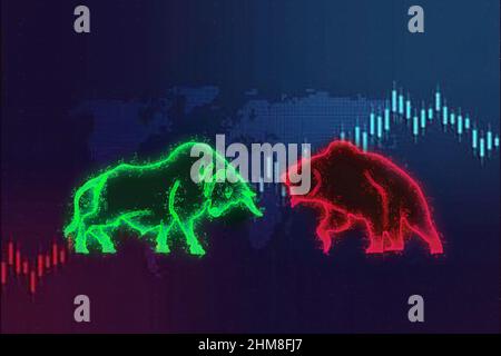 Illustrazione del vettore a reticolo a basso contenuto di poli della Borsa. Grafica digitale. Immagine artistica della tecnologia del mondo o del mercato azionario. Toro e orso con frecce. Fin Foto Stock