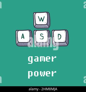 Design della t-shirt per videogiochi - tasti WASD utilizzati nei videogiochi per PC. Potenza del giocatore. Illustrazione Vettoriale