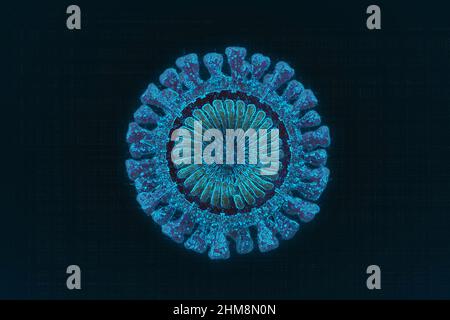 3d rendering del virus della corona 2019-ncov epidemia di influenza, covid-19 visione microscopica delle cellule fluttuanti del virus dell'influenza Foto Stock
