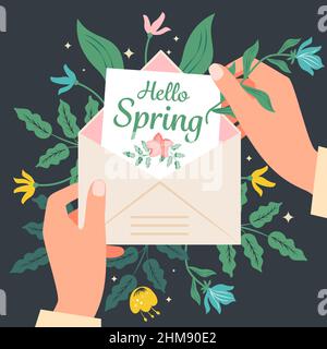 Mani che tengono una busta con un biglietto di auguri Ciao primavera su uno sfondo di fiori. Illustrazione vettoriale in stile piatto. Illustrazione Vettoriale