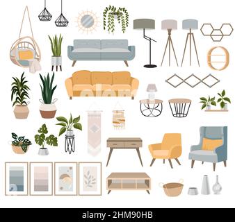 Una serie di arredi ed elementi decorativi. Collezione di oggetti interni per un interno isolato e accogliente. Illustrazione vettoriale. Illustrazione Vettoriale
