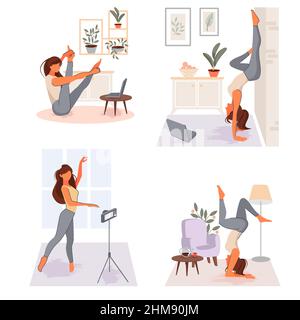 Set di una donna fitness blogger che esegue esercizi sportivi su fotocamera e laptop. Illustrazione vettoriale. Illustrazione Vettoriale