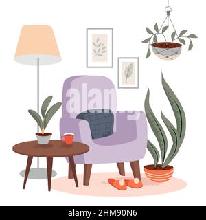 Interni accoglienti con poltrona, lampada da pavimento, piante domestiche e tavolino da caffè. Illustrazione vettoriale. Illustrazione Vettoriale