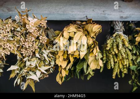 Mazzi di piante medicinali secche. Foglie di baia, limongrass sono asciugati Foto Stock