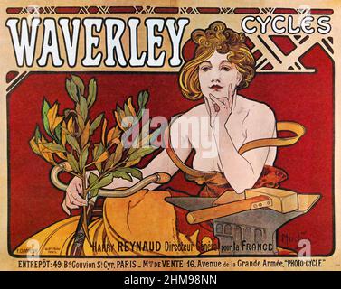 ALPHONSE MUCHA (1860-1939) artista boema e ceco. Un poster in stile Art Nouveau del 1898 per l'American Indiana Bicycle Company con sede a Indianapolis con il marchio Waverley. Foto Stock