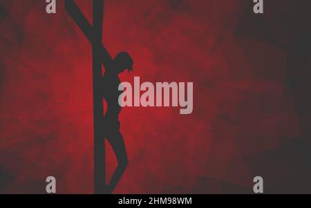 Immagine geometrica grigia e rossa della Crocifissione di Gesù Cristo con sfondo rosso scuro. Illustrazione Vettoriale