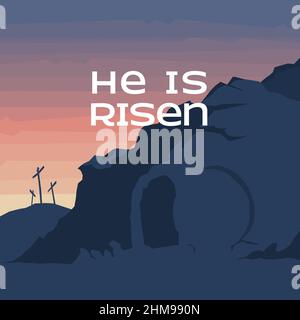 È risorto. Immagine quadrata raffigurante la tomba vuota, celebrando la risurrezione di Gesù Cristo, la domenica di Pasqua. Calvario sullo sfondo con il sorgere del sole. Illustrazione Vettoriale