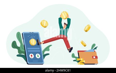 Illustrazione del vettore piatto del cashback. L'uomo felice con le monete d'oro riceve i contanti, ottiene i premi per lo shopping in linea. Trasferimento di denaro dall'app mobile sull'e-wallet. Rimborso, bonus di rimborso o risparmi finanziari. Illustrazione Vettoriale