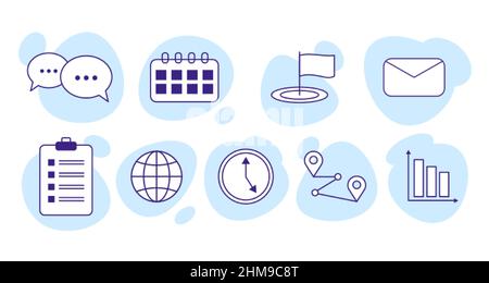 Icona Business Web impostata. Contorno icone raccolta per gestione, finanza, strategia e marketing. Elementi per il web design isolati su sfondo bianco. Illustrazione vettoriale piatta. Illustrazione Vettoriale