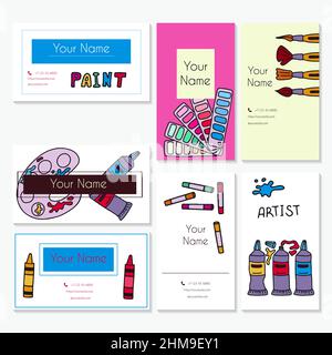 Vettore Doodle arte biglietti da visita. Set a mano disegnata vettore artista s forniture. Tavoletta grafica Doodle, pennarelli e vernici. Sfondo dell'arte. Annunci di schizzo Illustrazione Vettoriale