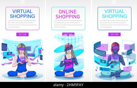 Virtual Shopping Flat Illustrazione Metaverse Virtual Reality Concept, colore blu navy, giallo, verde stile minimal, può essere utilizzato per landing page, web, Illustrazione Vettoriale