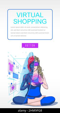 Concetto di realtà virtuale Virtual Shopping Flat Illustration metaverse, può essere utilizzato per landing page, web, ui, banner, template, background, sviluppo web Illustrazione Vettoriale