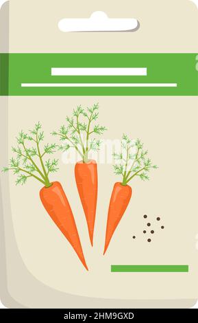 Confezione di semi di carota per piantare in giardino e raccogliere. Vegetale utile per nutrizione adeguata. Cibo dolce per la dieta. Illustrazione piatta vettoriale Illustrazione Vettoriale