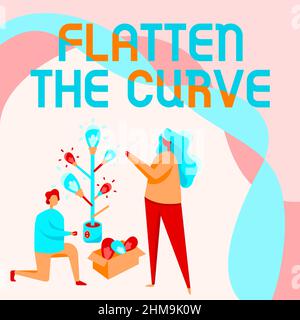 Inspirazione che mostra il segno appiattire la curva. Panoramica aziendale aumentare la consapevolezza sul rallentamento del tasso di malattie infettive disegno uomo e donna Foto Stock