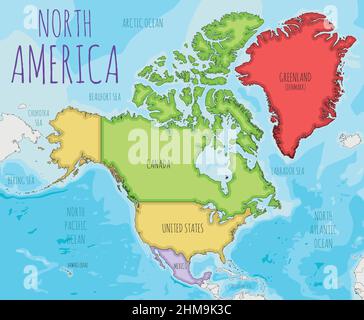 Illustrazione vettoriale della mappa politica del Nord America con colori diversi per ciascun paese. Livelli modificabili e chiaramente etichettati. Illustrazione Vettoriale