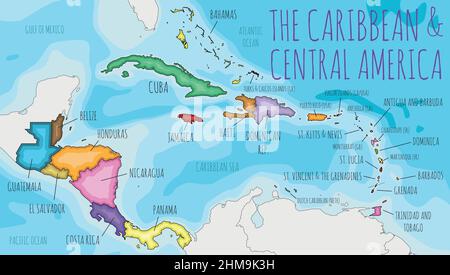 Illustrazione vettoriale della carta dei Caraibi politici e dell'America centrale con colori diversi per ciascun paese. Livelli modificabili e chiaramente etichettati. Illustrazione Vettoriale