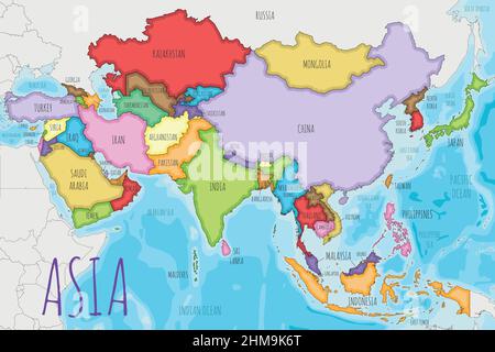 Illustrazione vettoriale della carta Asia politica con colori diversi per ciascun paese. Livelli modificabili e chiaramente etichettati. Illustrazione Vettoriale