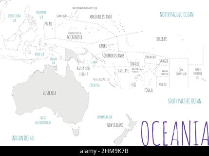 Illustrazione vettoriale della mappa Oceania politica isolata su sfondo bianco. Livelli modificabili e chiaramente etichettati. Illustrazione Vettoriale