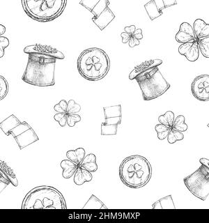 Cappello Leprechaun disegnato a mano, monete d'oro del tesoro e vettore di bandiera irlandese senza giunture modello di sfondo con foglie di Clover. Festa di San Patrizio Illustrazione Vettoriale