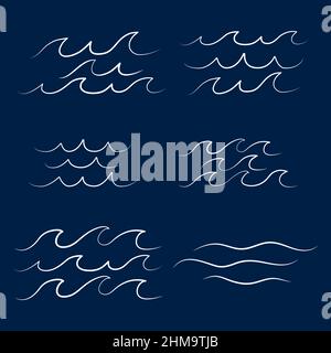 Set di sei diverse semplici onde minimaliste acqua lago fiume logo illustrazione vettoriale, bundle set collezione design isolato su sfondo blu scuro Illustrazione Vettoriale