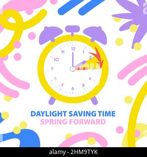 Concetto di ora legale di primavera. Primavera in avanti banner tempo in divertente doodle stile cartone animato. Programmare con la modifica degli orologi in avanti di un'ora. Piatto ve Illustrazione Vettoriale