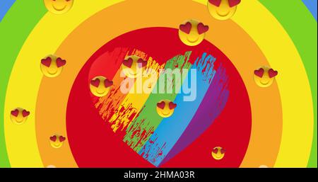 Immagine di icone emoji sul cuore su sfondo arcobaleno Foto Stock