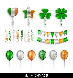 Set di elementi del giorno di san patrizio. Pennant isolati, palloncini e streamers con i colori della bandiera irlandese Illustrazione Vettoriale