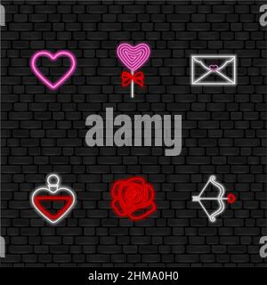 set di elementi in neon per il giorno di san valentino sullo sfondo nero della parete. Illustrazione Vettoriale