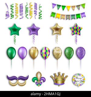 Set di mongolfiere, streamers e pennants mardi gras isolati. elementi del partito del mardi gras Illustrazione Vettoriale