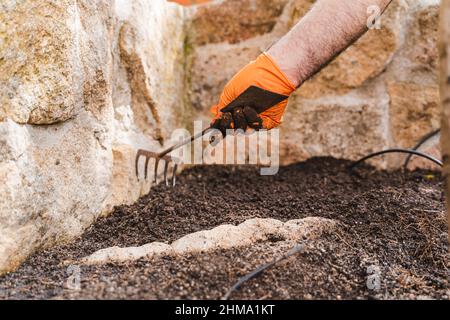 Coltivare il giardiniere maschio irriconoscibile in lattice guanto allentando terreno fertile con forchetta a mano vicino muro di pietra mentre si lavora in giardino Foto Stock