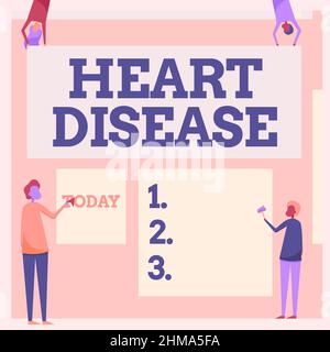 Visualizzazione concettuale della malattia cardiaca. Parola per disturbo cardiaco Condizioni che coinvolgono i vasi sanguigni bloccati quattro colleghi disegno in piedi Holding Foto Stock