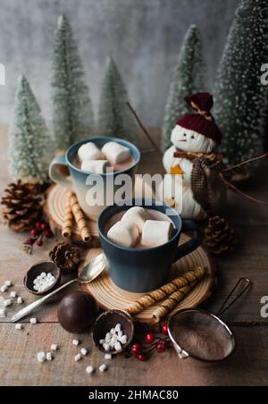 Tazze di cacao caldo con marshmallows circondati da cose invernali. Foto Stock