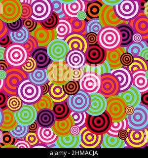 Disegno astratto senza giunture con anelli e cerchi luminosi e contrastanti. Illustrazione Vettoriale