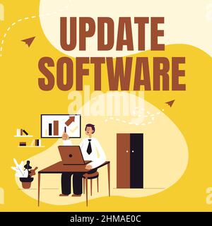 Software di aggiornamento delle didascalie concettuali. Idea di business che sostituisce il programma con una versione più recente dello stesso prodotto uomo seduto su scrivania di lavoro e di presentazione Foto Stock