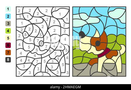 Semplice vettore colorazione animale cane animale domestico, colore per numeri. Gioco di puzzle per l'educazione dei bambini Illustrazione Vettoriale