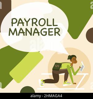 Ispirazione che mostra il segno Payroll Manager. La foto concettuale mantiene le informazioni di libro paga progettando i sistemi che trasportano la lettura della briefcase della donna Foto Stock