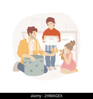 Pulire giocattoli isolato cartoon vettore illustrazione. Insegnare l'organizzazione di giocattoli, il bambino mette le cose in bidone etichettato, pulire l'aiuto, l'educazione domestica, l'abilità di manutenzione, vettore cartoon casa di pulizia. Illustrazione Vettoriale