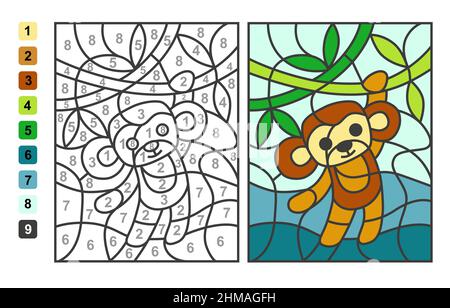 Semplice vettore colorare zoo animale scimmia, colore per numeri. Gioco di puzzle per l'educazione dei bambini Illustrazione Vettoriale