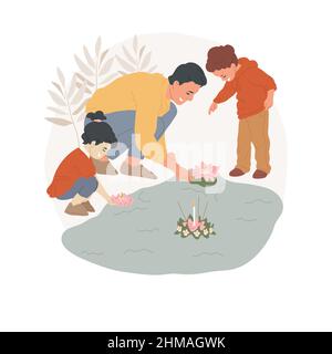Loy krathong festival astratto concetto di illustrazione vettoriale. La gente thailandese celebra insieme la vacanza di Loi Krathong, i festival religiosi buddisti, i giorni santi, la spiritualità credenza metafora astratta. Illustrazione Vettoriale