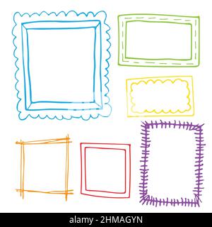 Set di cornici, quadrati, elementi di disegno vettoriali disegnati a mano. Illustrazione Vettoriale