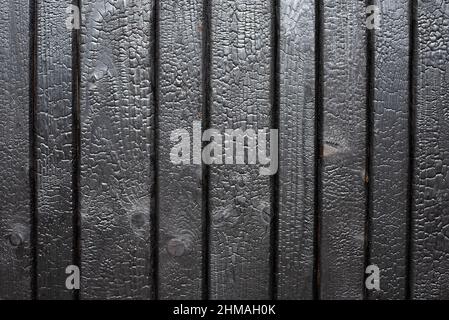 Struttura di sfondo in legno bruciato. Pannelli di legno bruciati primo piano. Sho-Shi-Ban Yakisugi, metodo tradizionale giapponese di conservazione del legno. Foto Stock