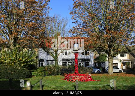 Ricordo Poppies sul cartello a Werrington Village Green, Cambridgeshire; Inghilterra, Regno Unito Foto Stock