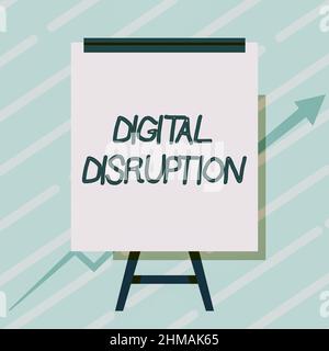 Testo che mostra l'ispirazione Digital sconvolgimenti. Modifiche ai concetti Internet che influiscono sui mercati tecnologici trasformazione dei prodotti disegno di lavagna con freccia Foto Stock