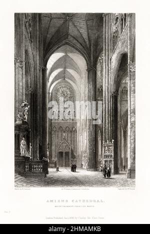 Cattedrale Francese, Cattedrale di Amiens, Francia, incisione Francese Antique, 1837 Foto Stock