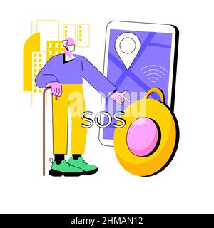 Pulsante di emergenza personale concetto astratto illustrazione vettoriale. Pulsante GPS SOS integrato, soluzione di sicurezza personale, dispositivo indossabile, cura per i bambini e anziani vita metafora astratta. Illustrazione Vettoriale