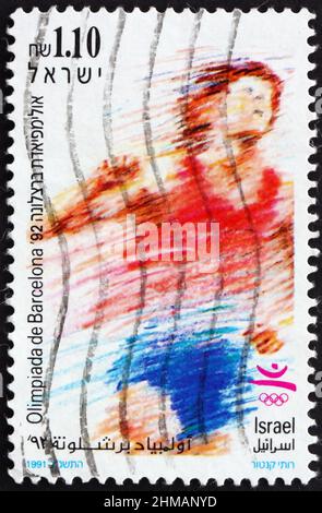 ISRAELE - CIRCA 1991: Un francobollo stampato in Israele mostra atleta, 1992 Olimpiadi estive, Barcellona, circa 1991 Foto Stock